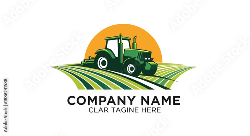 Green Tractor on a Farm Field with Sunset Logo Design.
