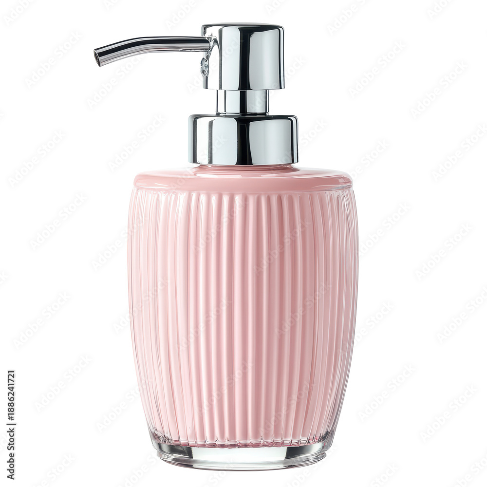 Obraz premium Pink lotion dispenser with chrome accents elegant bathroom decor isolated on white background