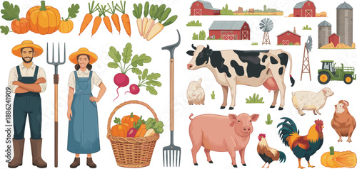 Farm illustration set with farmers livestock vegetables barns tractors windmill rural agriculture elements isolated vector collection detailed colorful flat design
