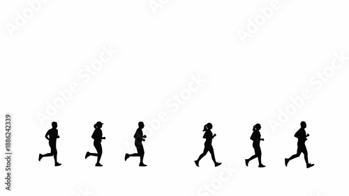 Silhouettes of people running in a line against a white background.