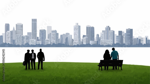 Silhouettes of people in a park with a city skyline background.