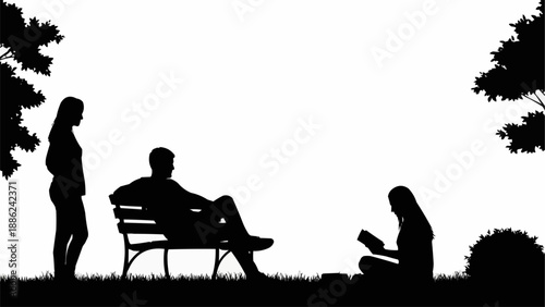 Silhouettes of people enjoying a peaceful day in the park outdoors.