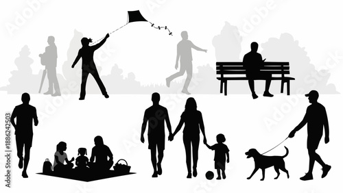 Silhouettes of people enjoying outdoor activities in a park setting.
