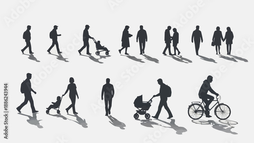Silhouettes of people walking and cycling with shadows.