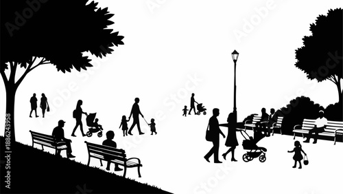 Silhouettes of people walking and resting in a park setting.
