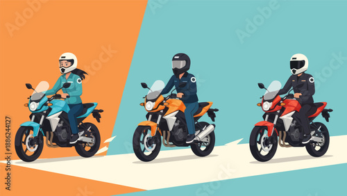 Three diverse riders on motorcycles, concept of transportation, freedom, and adventure