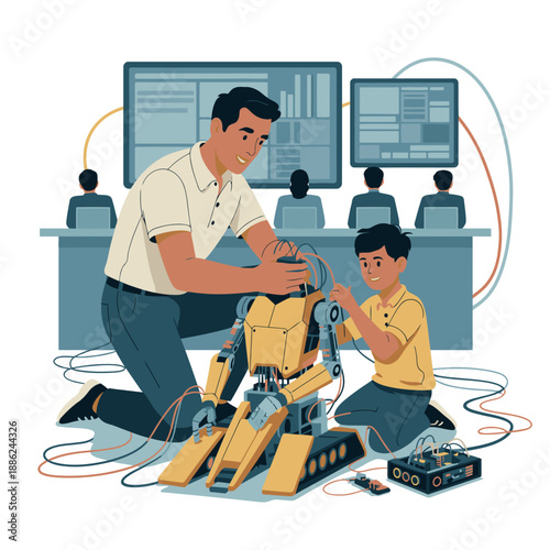 Father and son working together on a robot project in a modern home office.
