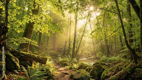 Lush Green Forest Path Bathed in Golden Sunlight Rays Creating a Magical Ambiance of Serenity and Nature's Beauty with Moss Covered Rocks