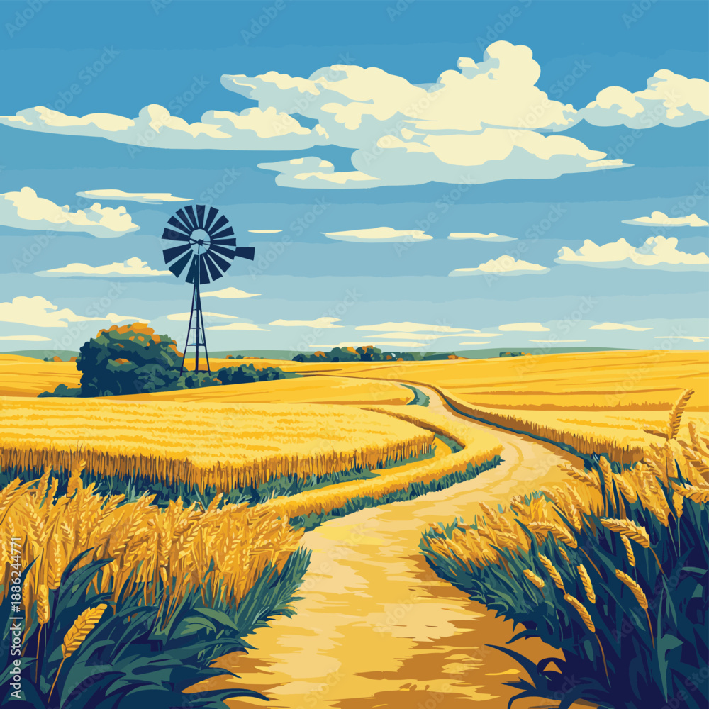 Obraz premium Flat vector illustration of Kansas plains featuring golden wheat fields