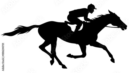 A silhouette of a jockey riding a horse at full gallop