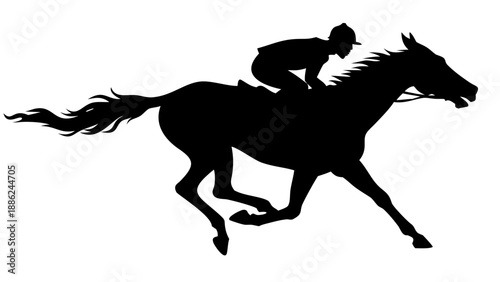 A silhouette of a jockey riding a horse at full gallop in a vector graphic illustration