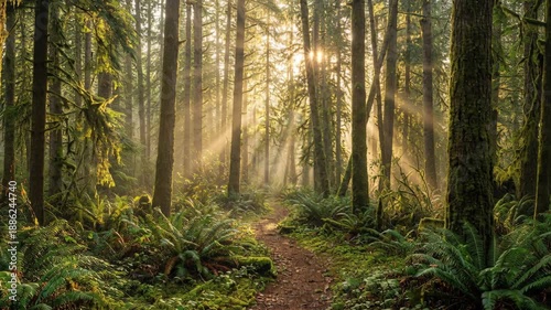 Sunlight Beams Through Dense Forest Trees Illuminating a Winding Dirt Path Lined with Lush Green Ferns and Moss Covered Trunks During