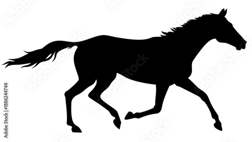 A black silhouette of a horse running against a white background