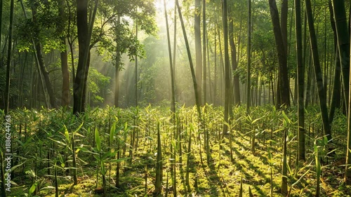 Sunlight Streams Through Dense Green Forest Canopy Illuminating Lush Undergrowth With Visible Dust Particles Floating in the Air