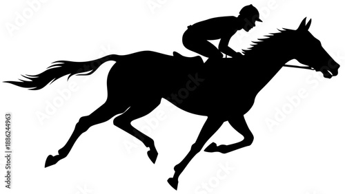 A silhouette of a jockey riding a horse at full gallop in a vector graphic illustration