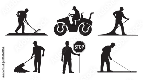 Landscaper Silhouettes in Various Gardening Activities with Stop Sign in Monochrome Illustration for Graphic Design