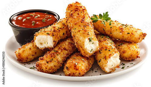 Crispy golden mozzarella sticks served with marinara sauce, perfect for snacking or sharing with friends