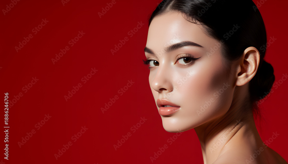 Fototapeta premium Elegant Female Portrait with Dramatic Red Background