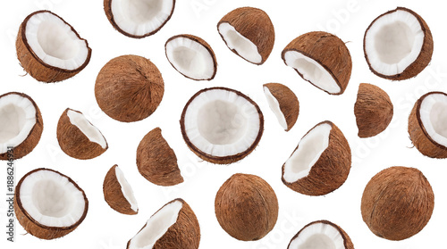 Photos vibrant coconut halves and whole coconuts scattered artistically across a stark transparent background, creating a tropical and refreshing visual