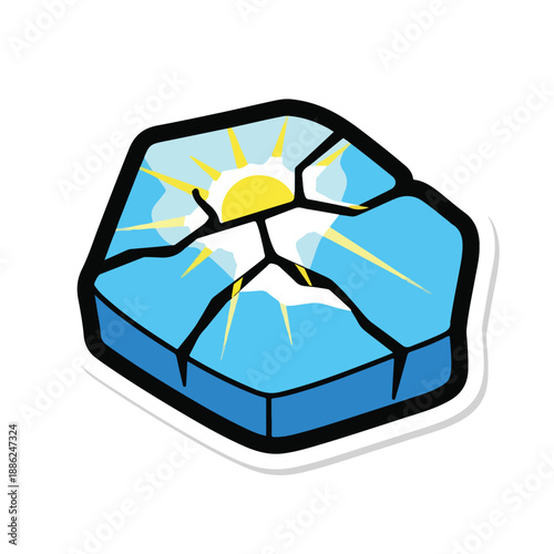 A broken ice cube with a sunny landscape inside