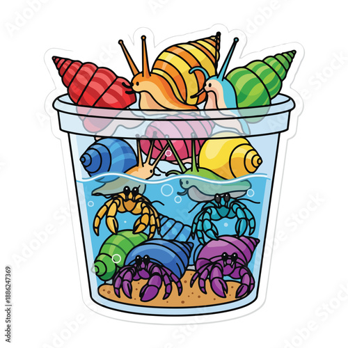 A bucket filled with colorful snails and crabs