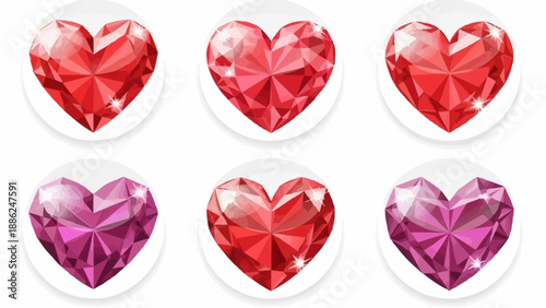 Six sparkling heart shaped gemstones in red and pink hues.