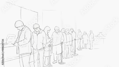 Sketch of people standing in a line waiting patiently.