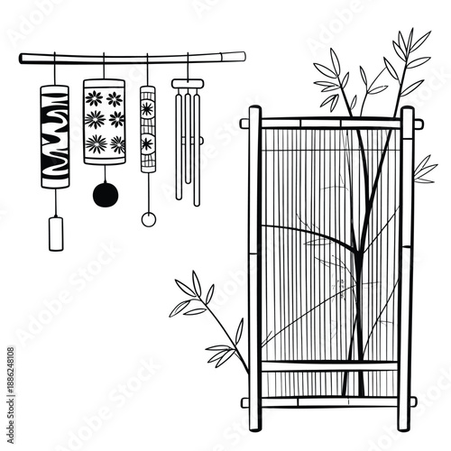 Wind chime and bamboo room divider illustration