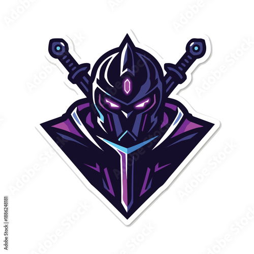 Mysterious ninja character with swords and purple accents.