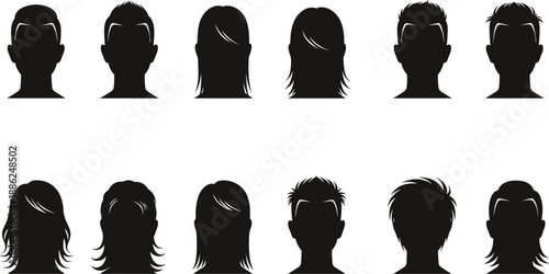 Male and female head silhouette avatars set showing different hairstyles for profile icons and character design