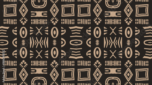 Abstract african pattern with various geometric shapes on black background. Seamless design