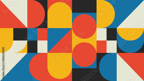 Dynamic abstract geometric pattern composition modern colorful mosaic design background complex interlocking shapes
