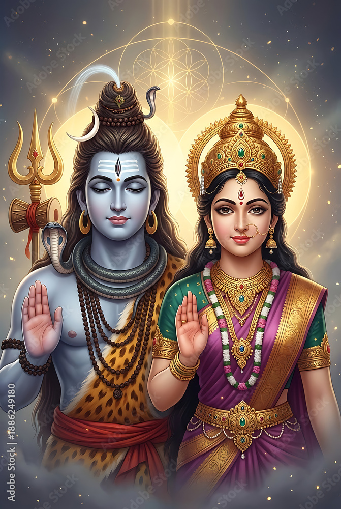 Fototapeta premium Lord shiva and parvati giving blessings with mudra hands against a cosmic golden background for maha shivaratri festival honoring the divine mahadev and shakti powers