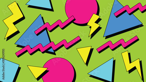 Memphis style geometric pattern with lightning bolts and triangles on vibrant green backdrop