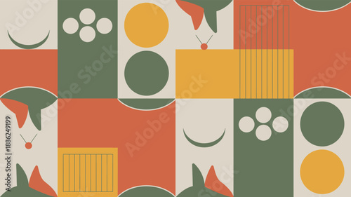 Repeating abstract seamless pattern featuring organic geometric elements and midcentury modern aesthetics for background design