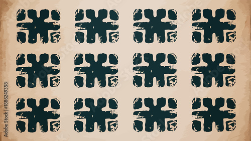 Simple grid pattern with tribal inspired motifs in dark teal