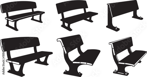 Collection of black bench silhouettes in various positions and angles