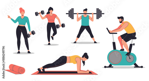 Minimalist aesthetic flat vector illustration of fitness training. People exercising with dumbbells and gym equipment.