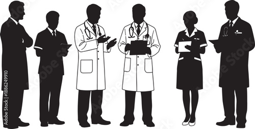 Black Solid Medical Staff Meeting Silhouettes Set of Six on White Background