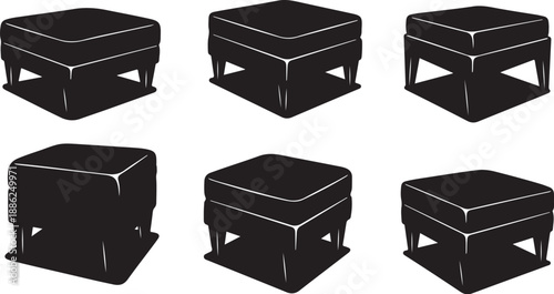 Set of six black ottomans in different angles views