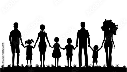 A silhouette of a blended family holding hands in a grassy field