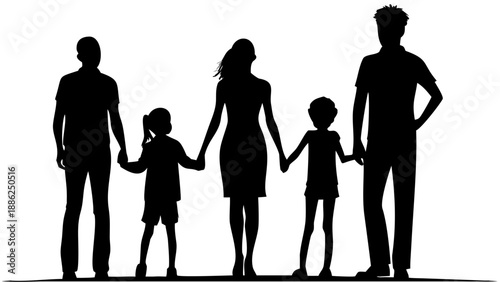 A blended family of six standing together in a silhouette against a white background