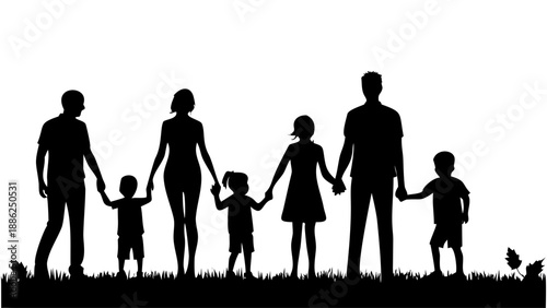 A blended family of seven standing together in a silhouette against a white background