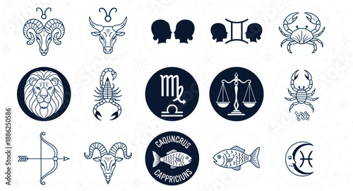 Zodiac astrology symbol collection with horoscope signs, constellation icons and mystical celestial emblems in elegant monochrome vector style