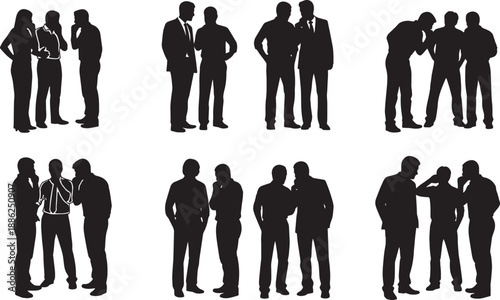 Black Solid Office Gossip Silhouettes Set of Six on White Background