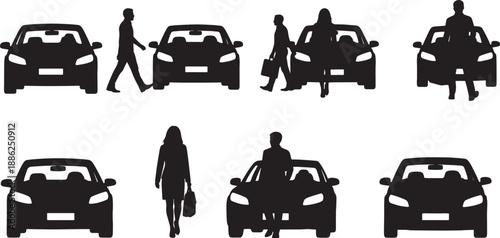 Black Solid Office Parking Silhouettes Set of Six on White Background
