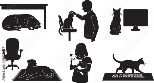 Black Solid Office Pet Silhouettes Set of Six on White Background
