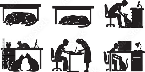 Black Solid Office Pet Silhouettes Set of Six on White Background