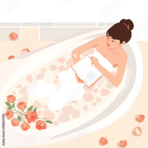 Woman relaxing in a rose petal bath with a book.