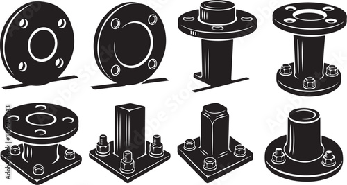 Industrial metal flange and pipe connection components illustration set